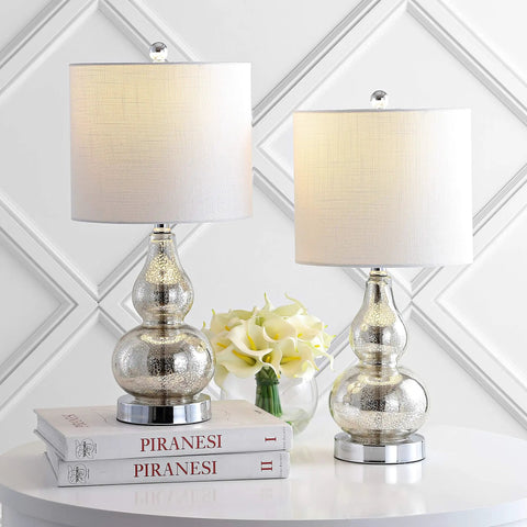 Mercury Silver Glass Table Lamp With Slick Modern Gourd Look White Linen Shade Bedside Nightstand Light For Bedroom And Living Room LED Bulb Included ETL Listed shown on a white table.