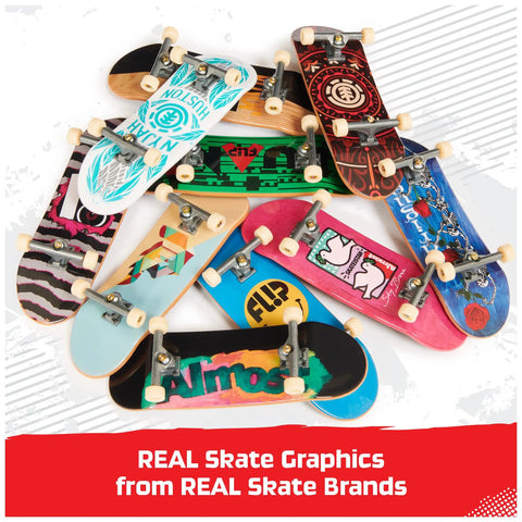 DLX Pro 10 Pack Fingerboards With Real Skate Graphics Fully Assembled Mini Skateboards Set displayed fan-like on surface