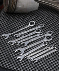 Ten Piece SAE Midget Wrench Set With 12 Point Box End And 6 Point Box End, Alloy Steel Construction, lying on textured surface