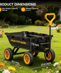 No Flat 10 Inch Tires Garden Dump Cart Beefy Heavy Duty With Quick Release Dump Expandable Capacity Over 4 Cu Ft 900 Lb Load Prime Virgin Polypropylene Construction All Terrain Utility Wagon with dimensions shown in garden