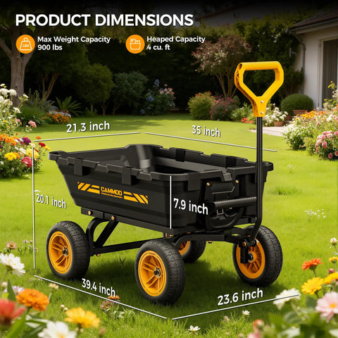No Flat 10 Inch Tires Garden Dump Cart Beefy Heavy Duty With Quick Release Dump Expandable Capacity Over 4 Cu Ft 900 Lb Load Prime Virgin Polypropylene Construction All Terrain Utility Wagon with dimensions shown in garden