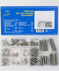 Swordfish 224-piece stainless steel bolt, nut and washer assortment kit in a clear plastic divided case (front view).
