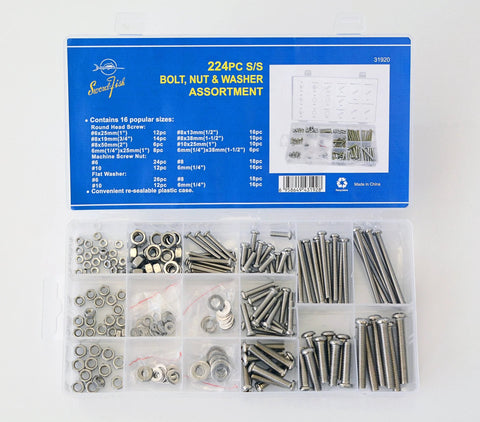Swordfish 224-piece stainless steel bolt, nut and washer assortment kit in a clear plastic divided case (front view).