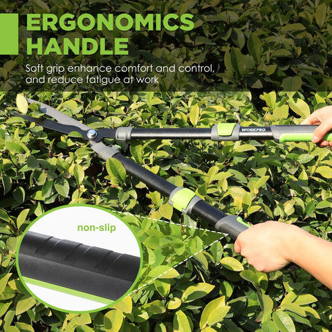 Extendable Hedge Shears 25 To 33 Inch Adjustable Manual Hedge Clippers shown trimming shrubs with ergonomic handles