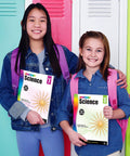 Two middle school girls holding Spectrum Grade 7 Science Workbook for classroom or homeschool curriculum in front of lockers.