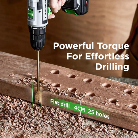 Green Cordless Drill Set With 20V power, 2.0Ah battery, drilling holes in wood, Three Eighths Inch Keyless Chuck.