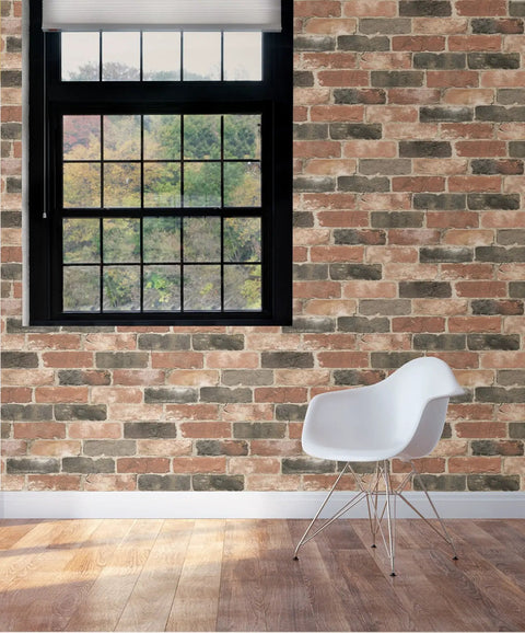 Newport Reclaimed Brick Peel And Stick Wallpaper Red Removable Self Adhesive Wall Covering by window with chair
