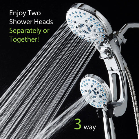 Dual shower heads with water streams, Ultra High Pressure Shower Head Combo With Handheld And Rain Modes, all chrome finish.