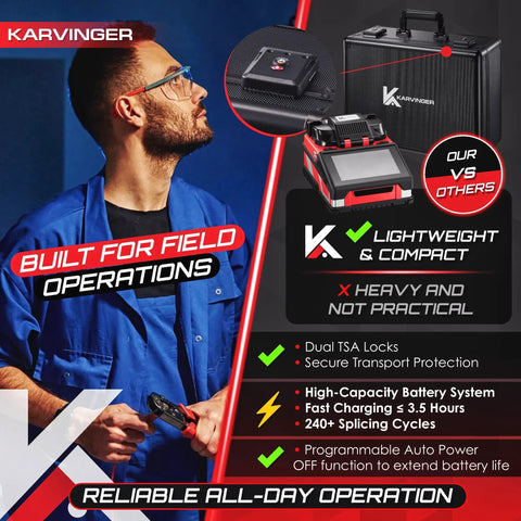 Technician holding Pro Grade Fiber Optic Fusion Splicer With Core And Cladding Alignment 6 Second Splice And 16 Second Heat Integrated VFL And OPM Touchscreen Controller All In One Splice Kit Included in field
