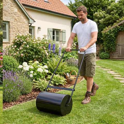 Man using Heavy Duty 23 Inch Lawn Roller With 13 Gallon Water Or Sand Fill Push And Tow Behind Yard Roller With U Handle outdoors