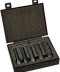 Heavy Duty High Speed Steel Annular Cutter Assortment 5 Piece Deep Core Hole Saw Set displayed in a protective case.