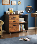 Three Drawer Mobile File Cabinet With Open Shelves, Wood Lateral Filing Cabinet And Printer Stand For Home Office, Rustic Brown Finish