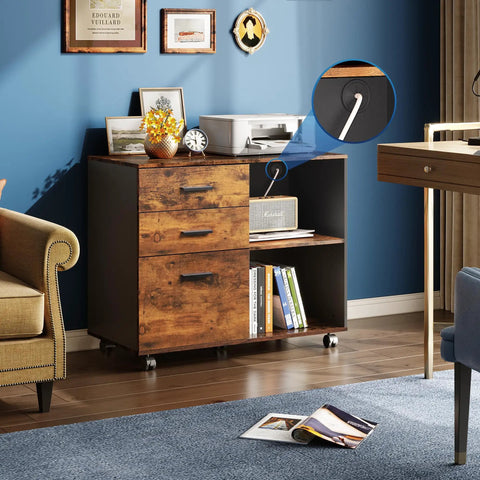 Three Drawer Mobile File Cabinet With Open Shelves, Wood Lateral Filing Cabinet And Printer Stand For Home Office, Rustic Brown Finish