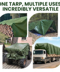 12 By 16 Foot Heavy Duty Waterproof Camping Tarp With 5 Mil Thickness And Grommets Green All Purpose Outdoor Tarp Cover For Tents Firewood Roofs Shelters Cars And Home Use covering firewood, tent, tractor, and truck