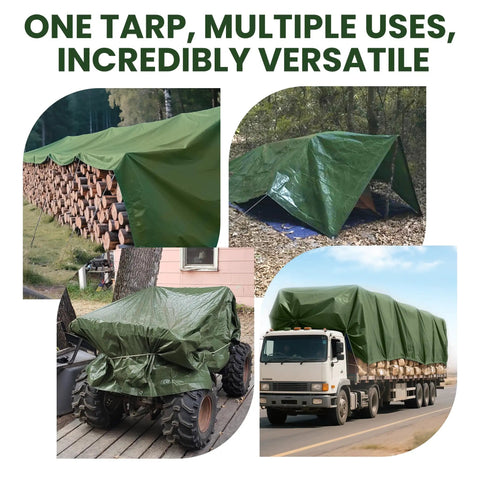 12 By 16 Foot Heavy Duty Waterproof Camping Tarp With 5 Mil Thickness And Grommets Green All Purpose Outdoor Tarp Cover For Tents Firewood Roofs Shelters Cars And Home Use covering firewood, tent, tractor, and truck