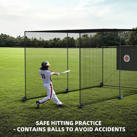 Child using Mobile 24Ft Baseball Batting Cage With Wheels Portable Heavy Duty Hitting Cage Fully Enclosed Tunnel Kit