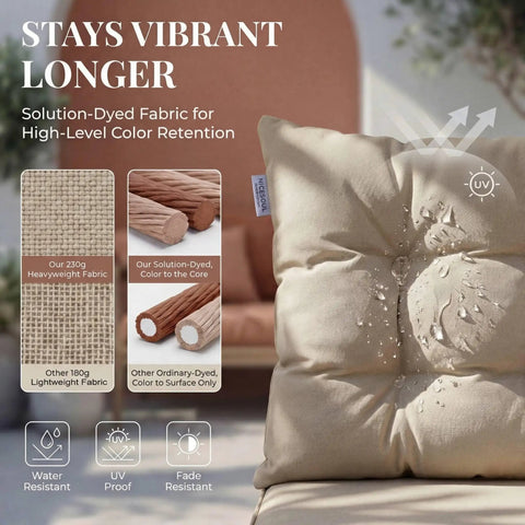 Close-up of the water-resistant cushion on a hanging egg chair for indoor and outdoor use, showing fabric texture and features.