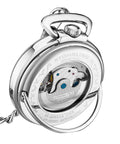 Back view of Automatic Skeleton Pocket Watch For Men With Stainless Steel Chain showing mechanical movement and engraving.