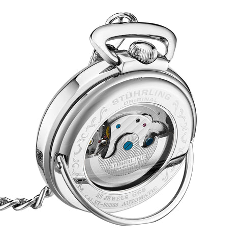 Back view of Automatic Skeleton Pocket Watch For Men With Stainless Steel Chain showing mechanical movement and engraving.