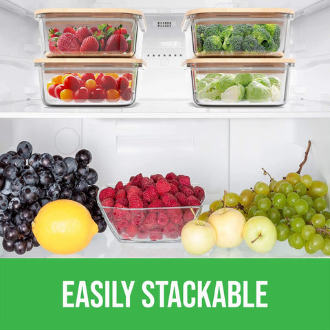 Borosilicate Glass Food Storage Containers With Bamboo Lids Dope Four Pack 36 Ounce Airtight Meal Prep Containers in fridge.