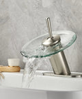 Waterfall Bathroom Sink Faucet In Brushed Nickel With Glass Disk Rinser, Modern Circle Design For Basin Vanity