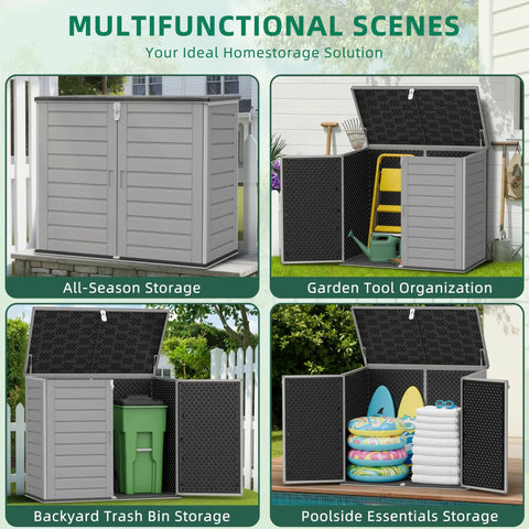 All-Weather Outdoor Storage Shed for Two Trash Bins, 304-Gallon Double-Wall Resin Unit with Wood-Grain Texture used in various settings.