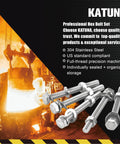 KATUNA 304 stainless steel hex bolt set with nuts and washers, front view; 6 bolts, metric M4–M6