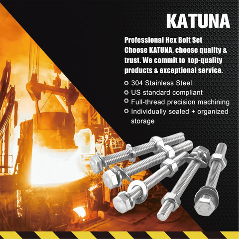 KATUNA 304 stainless steel hex bolt set with nuts and washers, front view; 6 bolts, metric M4–M6
