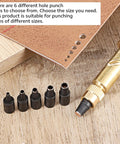 Slick Wooden Handle Bookbinding Tool With Six Interchangeable Tips Adjustable Leather Hole Punch with various size tips on wood.