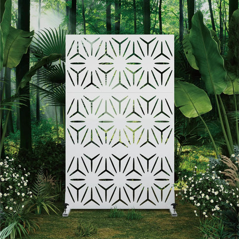 72 Inch Tall Metal Privacy Screen Three Panel Outdoor Freestanding Privacy Panel For Patio Backyard Deck With Anti Tipping Kit Weather Resistant Steel And Easy DIY Assembly Modern Geometric Design In White in forest setting