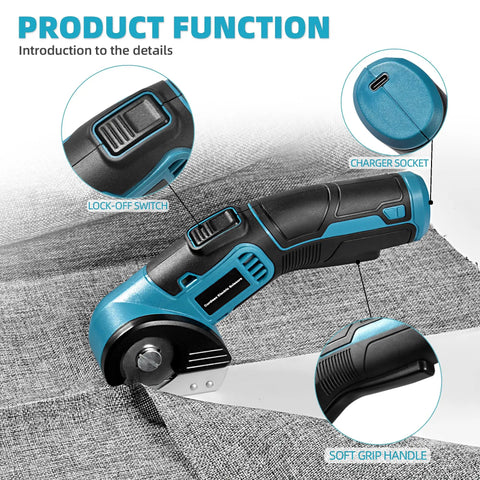 Tyimble Cordless Electric Scissors Heavy Duty Cardboard Cutter With Brushless Motor And Usb C Charging Includes 2 Tungsten Blades For Diy Crafting And Industrial Use High Efficiency Cutting Fabric Leather Carpet detailed view of lock-off switch, charger socket, and soft grip handle.