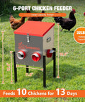 Top Shelf Metal Chicken Feeder With 30 Pound Capacity And Six Accessible Ports features six feeding ports, large 32 lb capacity, adjustable legs.
