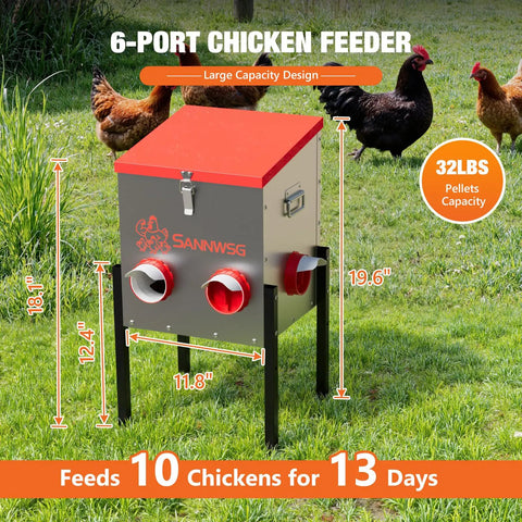 Top Shelf Metal Chicken Feeder With 30 Pound Capacity And Six Accessible Ports features six feeding ports, large 32 lb capacity, adjustable legs.