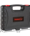 Black carrying case for 102 Piece Heat Treated Tool Kit With Carrying Case Including Essential Steel Hand Tools And Basic Repair Set For Apartments Dorms And Homeowners On The Go, dimensions labeled.
