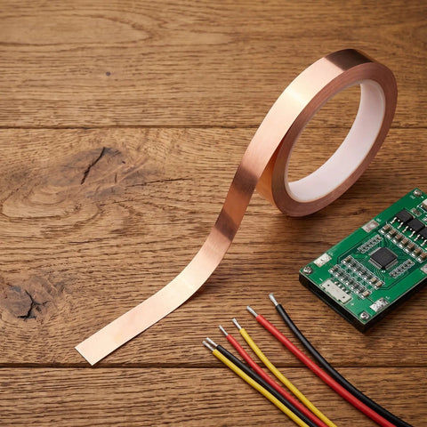 Straight Up Pure Copper Welding Strips For Ev Battery Packs And Power Modules Smooth Thin Copper Metal Roll on wooden table.