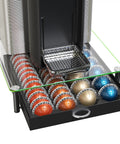 Crystal Tempered Glass Vertuo Pod Drawer for Nespresso Capsules filled with various colored coffee pods, 24 large or 48 small organizer