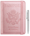 Front view of RFID Passport Holder For Travel Wallet With Pen Loop Elastic Closure And PU Leather Card Holder Passport Book Cover For Women And Men Rose Gold Accents.