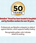 Image showing "Used in Hospitals for Over 50 Years" badge for Antiseptic First Aid Solution With Povidone Iodine 10 Percent For Infection Protection Kills Germs In Minor Cuts Scrapes And Burns No Sting Formula No Alcohol Or Hydrogen Peroxide 8 Fl Oz Trusted By Healthcare Professionals.