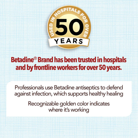 Image showing "Used in Hospitals for Over 50 Years" badge for Antiseptic First Aid Solution With Povidone Iodine 10 Percent For Infection Protection Kills Germs In Minor Cuts Scrapes And Burns No Sting Formula No Alcohol Or Hydrogen Peroxide 8 Fl Oz Trusted By Healthcare Professionals.