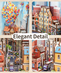 DIY Book Nook Kit For Adults With 3D Wooden Puzzle Bookend And Shelf Insert, Totally Cozy Library Decor For Shelves, Miniature House Kit With Body Motion Sensor LED Light, Travel With The Wind Edition showing colorful detailed miniature houses and balloons.