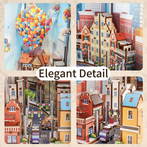 DIY Book Nook Kit For Adults With 3D Wooden Puzzle Bookend And Shelf Insert, Totally Cozy Library Decor For Shelves, Miniature House Kit With Body Motion Sensor LED Light, Travel With The Wind Edition showing colorful detailed miniature houses and balloons.