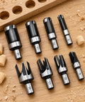 Kickass 8 Piece Carbon Steel Plug Cutter Drill Bit Set With 9.5mm Shank, includes bits sized 6, 10, 13, 16 mm on wood backdrop.