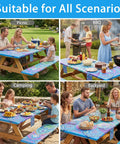 Collage of outdoor scenes showcasing Waterproof Picnic Table Cover With Bench Covers For 6 Foot Rectangular Tables Elastic Fitted Tablecloth.