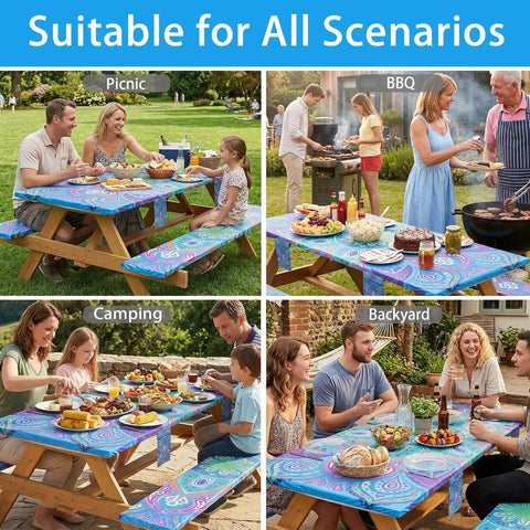 Collage of outdoor scenes showcasing Waterproof Picnic Table Cover With Bench Covers For 6 Foot Rectangular Tables Elastic Fitted Tablecloth.