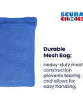 Close-up of blue durable mesh bag for Four Pound Soft Mesh Dive Weight For Belts And Freediving Gear With Hardened Shot In A Durable Graphite Free Nylon Bag Made In USA Dope For Spearfishing And Dive Weight Packs.