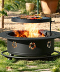 35 Inch Outdoor Fire Pit Table With 360 Degree Rotating Grill over flame, Wood Burning Fire Pit With Lid And Poker in garden