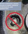 Nickel anti-seize Loctite 77124: close-up of a corroded bolt in a metal bore with a red prohibition circle.