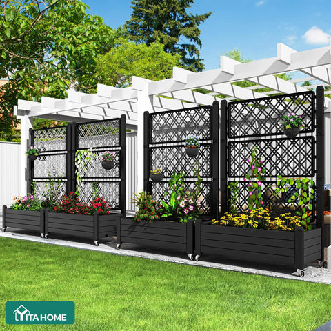 Outdoor Planter Boxes With Trellis Two Pack Resin Raised Garden Beds On Wheels With Drain Plugs For Climbing Plants 61 Inch Tall