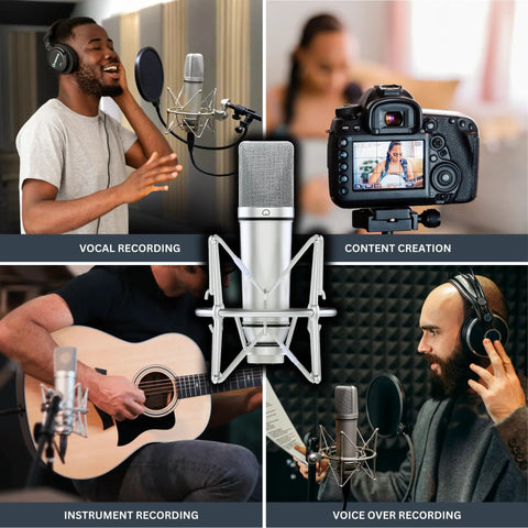 Ma-87 Studio Condenser Microphone with 26mm gold diaphragm capsule used for vocal and instrument recording, content creation.