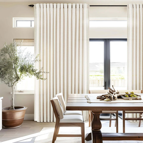 Cream Linen Look Curtains For Living Room 86 Inch Long 2 Panels 52Wx86L Semi Sheer Light Filtering Privacy Track System With Back Tabs And Tiebacks Beige White Pleated Drapes installed in dining room with wooden furniture.